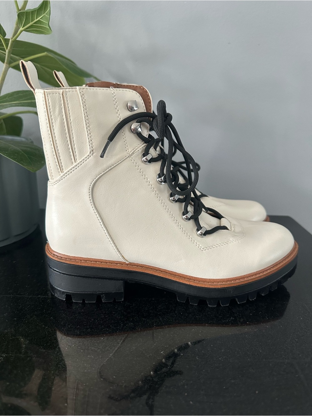 Indigo Cream Lace-Up Combat Boots with Black Laces